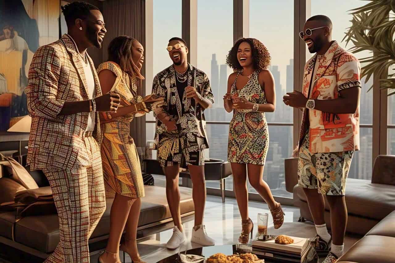 Pop culture finance concept - successful group celebrating wealth and luxury lifestyle in modern penthouse