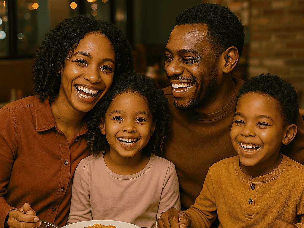 Happy Black family enjoying dinner together after successfully starting over financially and achieving budget goals
